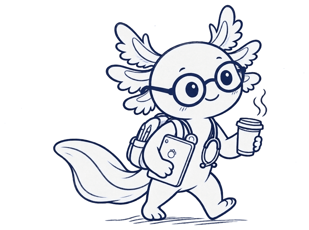 Axonevo-Maskottchen: ein Axolotl mit Brille, Rucksack, Stethoskop, Tablet und Kaffeebecher auf dem Weg zum Lernen